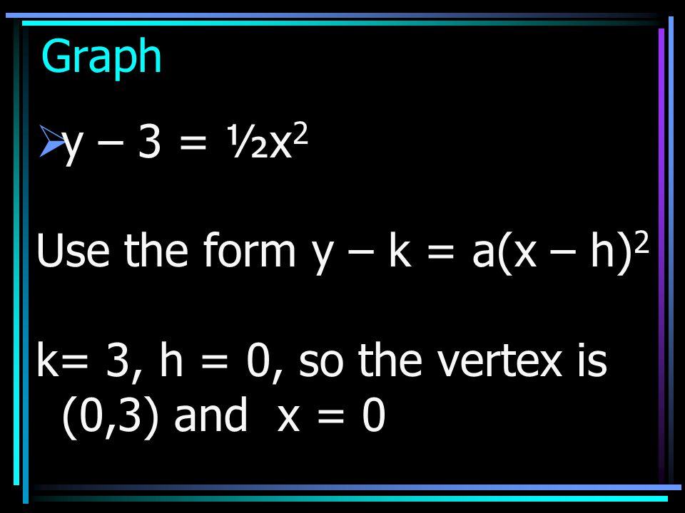 Graph y – 3 = ½x2 Use the form y – k = a(x – h)2 k= 3, h = 0, so the vertex is (0,3) and x = 0