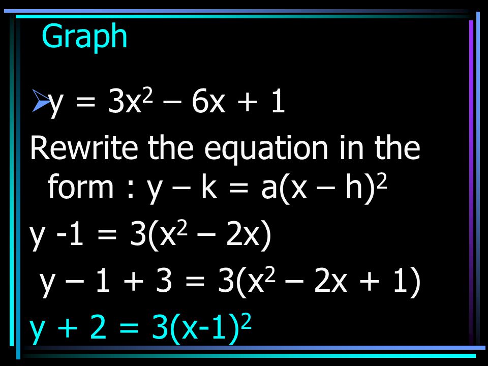 Graph y = 3x2 – 6x + 1. Rewrite the equation in the form : y – k = a(x – h)2. y -1 = 3(x2 – 2x) y – = 3(x2 – 2x + 1)