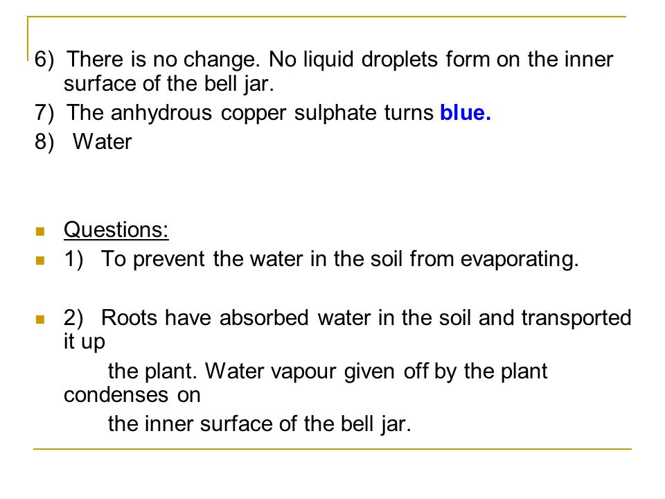 6) There is no change. No liquid droplets form on the inner surface of the bell jar.