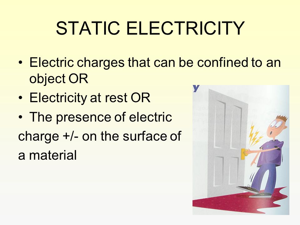STATIC ELECTRICITY Electric charges that can be confined to an object OR. Electricity at rest OR. The presence of electric.
