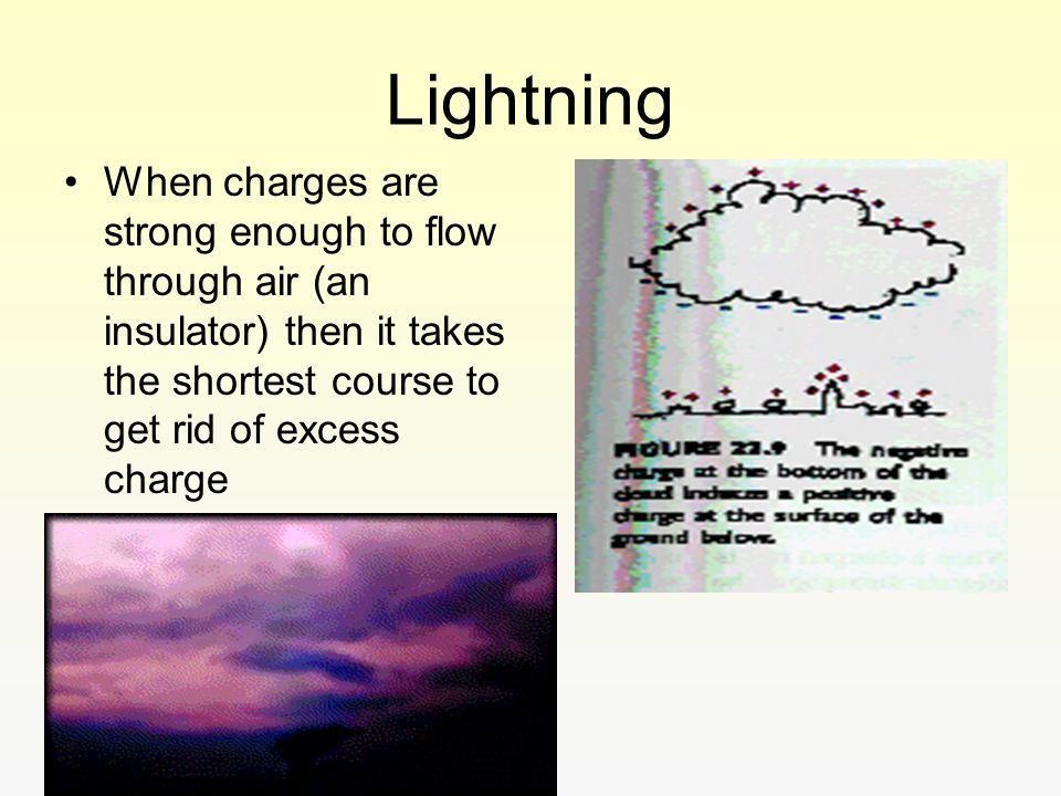 Lightning When charges are strong enough to flow through air (an insulator) then it takes the shortest course to get rid of excess charge.