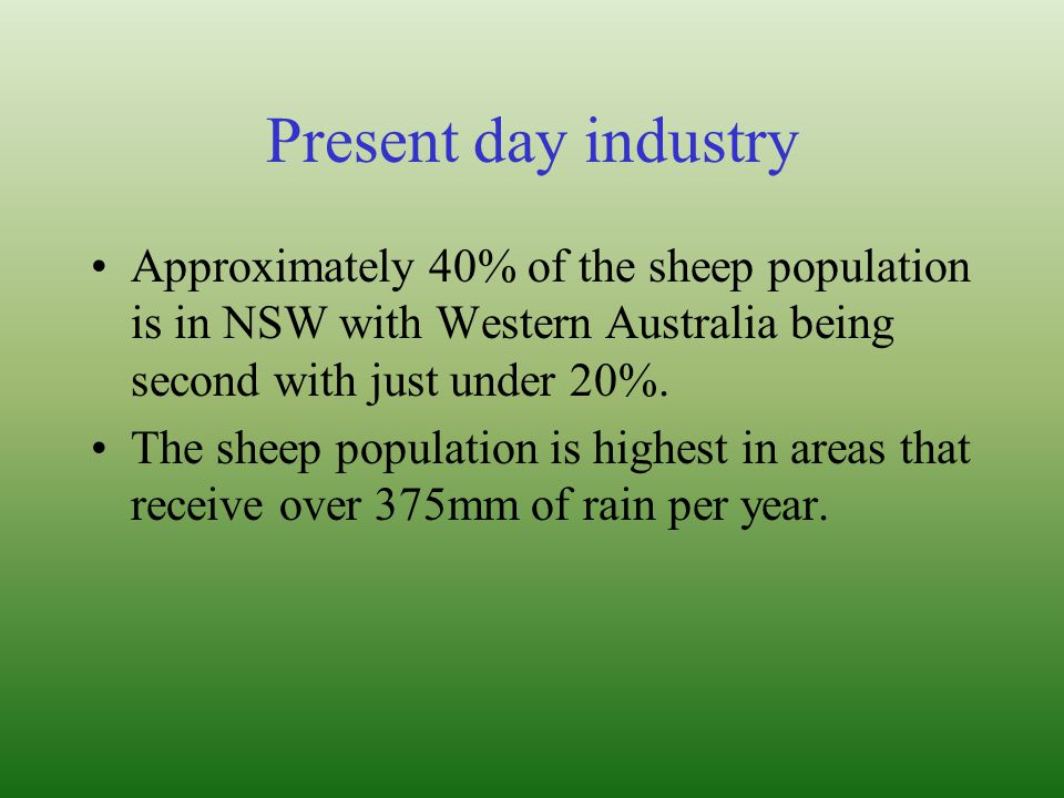 Present day industry Approximately 40% of the sheep population is in NSW with Western Australia being second with just under 20%.