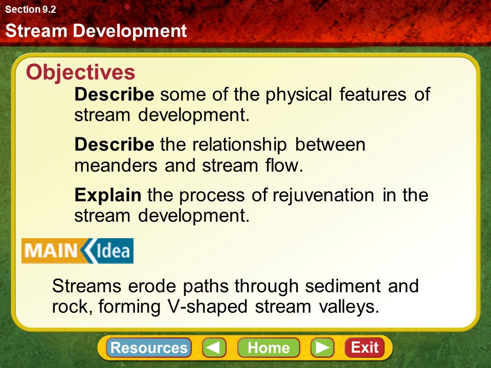 Section 9.2 Stream Development. Objectives. Describe some of the physical features of stream development.
