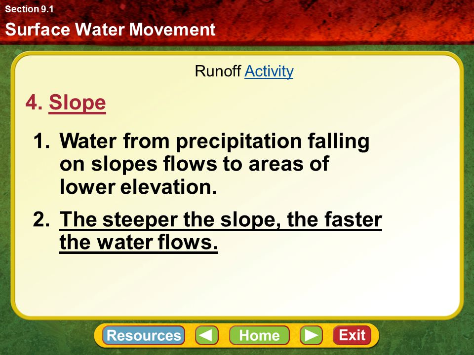 The steeper the slope, the faster the water flows.