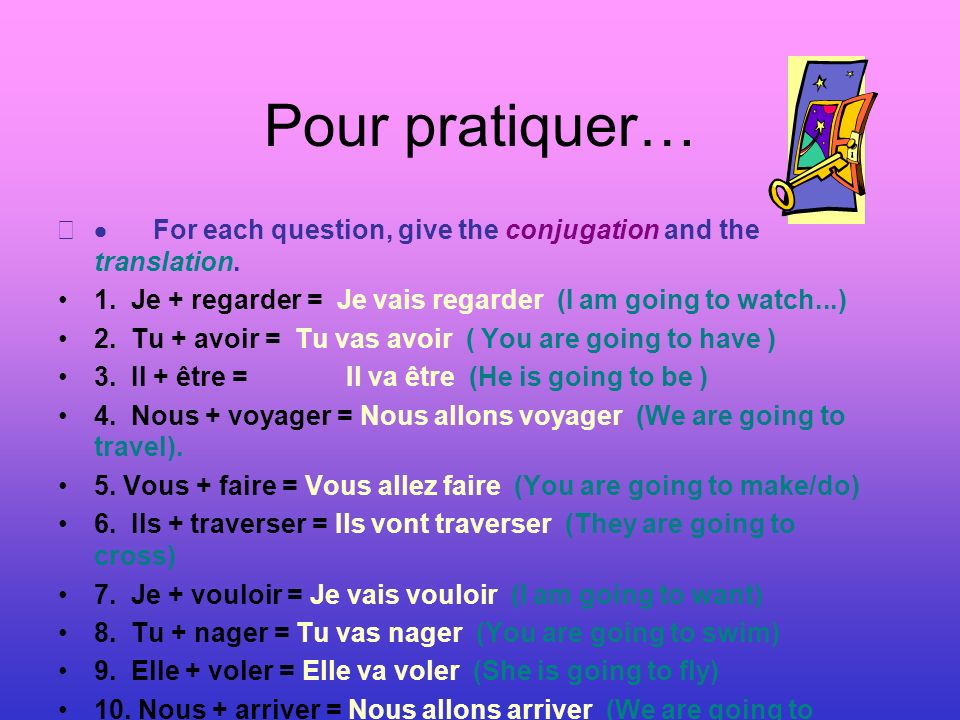 Pour pratiquer… · For each question, give the conjugation and the translation. 1. Je + regarder = Je vais regarder (I am going to watch...)