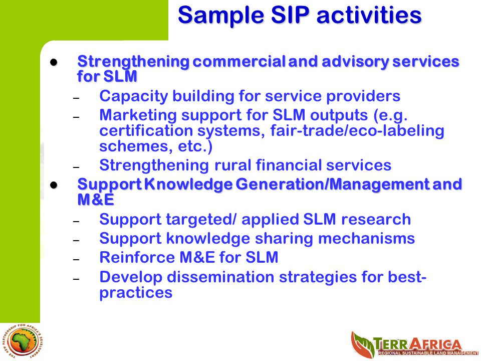 Sample SIP activities Strengthening commercial and advisory services for SLM. Capacity building for service providers.