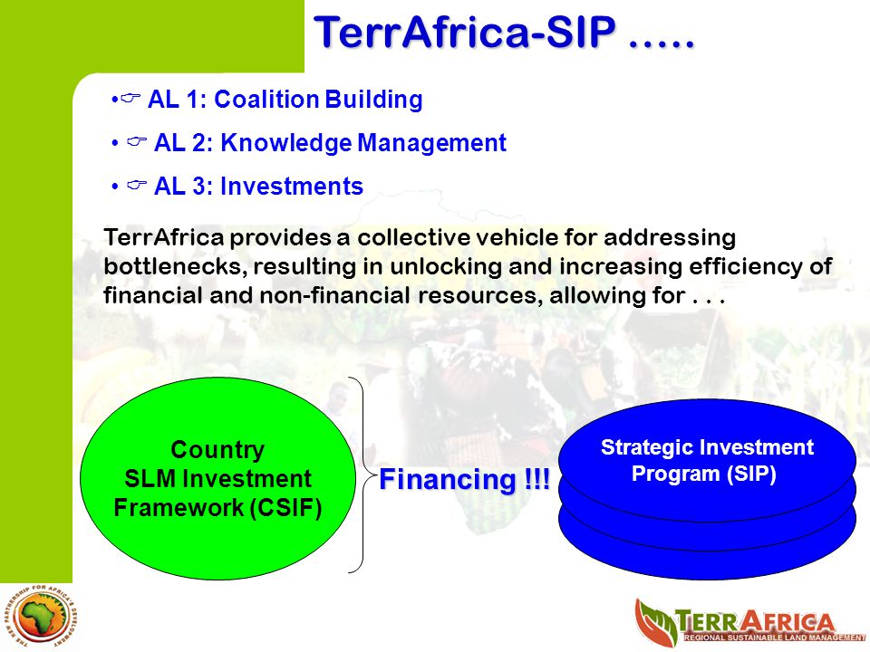 TerrAfrica-SIP ….. Financing !!!  AL 1: Coalition Building