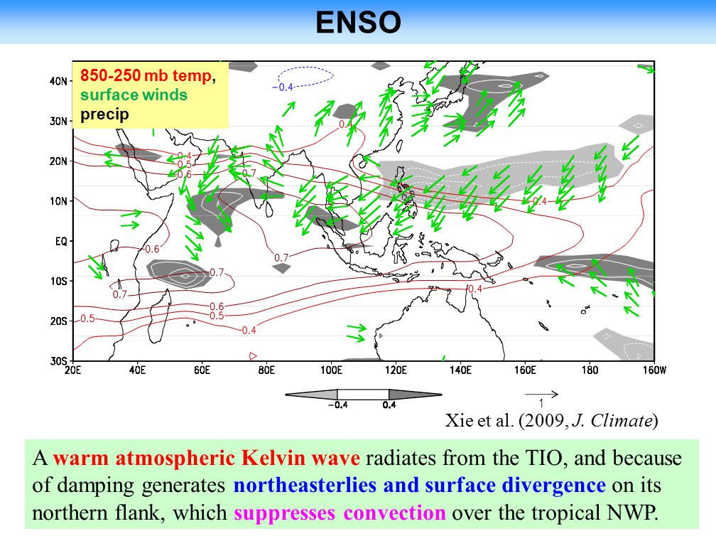 ENSO Xie et al. (2009, J. Climate) mb temp, surface winds. precip.