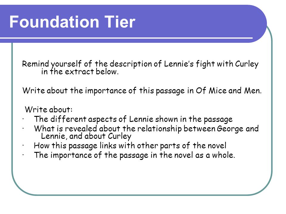 Foundation Tier Remind yourself of the description of Lennie’s fight with Curley in the extract below.