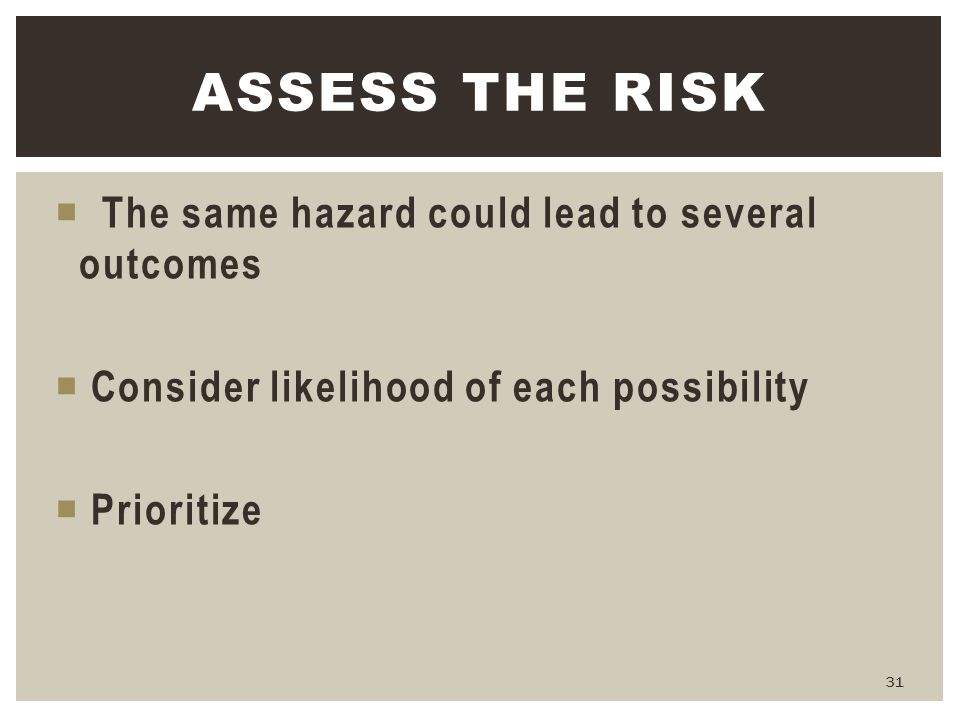 Assess the Risk The same hazard could lead to several outcomes
