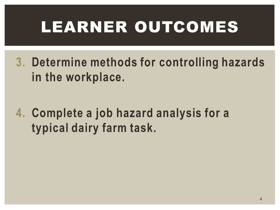Learner Outcomes Determine methods for controlling hazards in the workplace.