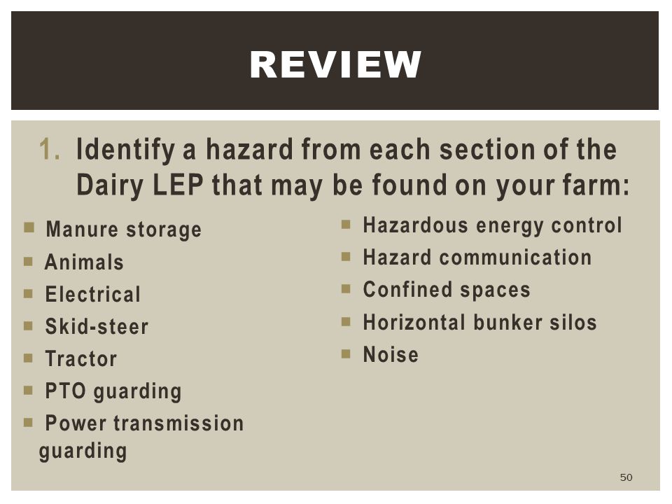 Review Identify a hazard from each section of the Dairy LEP that may be found on your farm: Manure storage.