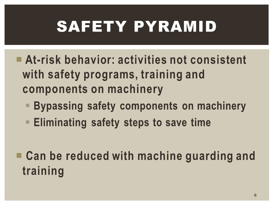 Safety Pyramid At-risk behavior: activities not consistent with safety programs, training and components on machinery.