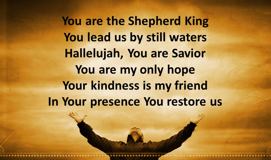 You are the Shepherd King You lead us by still waters Hallelujah, You are Savior You are my only hope Your kindness is my friend In Your presence You restore us
