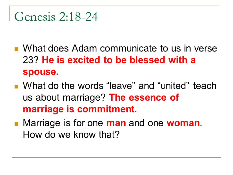 Genesis 2:18-24 What does Adam communicate to us in verse 23 He is excited to be blessed with a spouse.