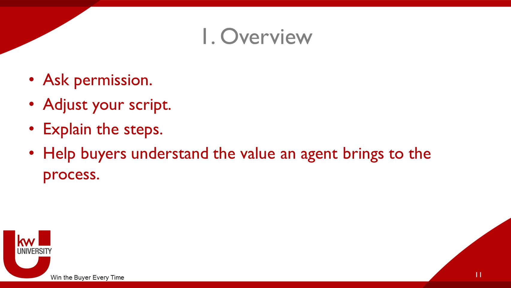 1. Overview Ask permission. Adjust your script. Explain the steps.