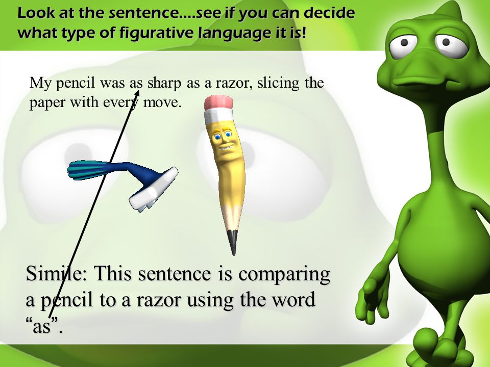 Look at the sentence….see if you can decide what type of figurative language it is!