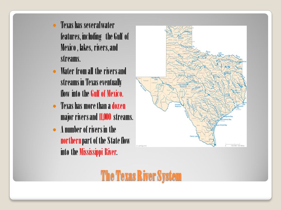 Texas has several water features, including the Gulf of Mexico , lakes, rivers, and streams.