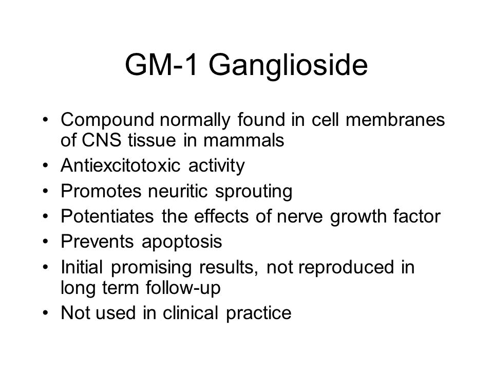 GM-1 Ganglioside Compound normally found in cell membranes of CNS tissue in mammals. Antiexcitotoxic activity.