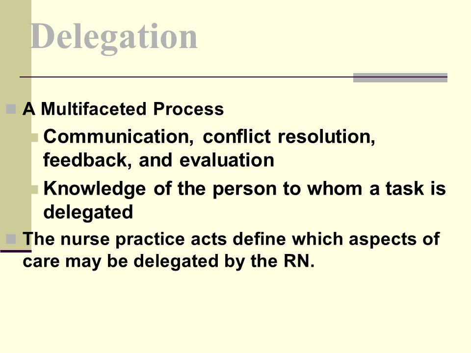 Delegation A Multifaceted Process. Communication, conflict resolution, feedback, and evaluation.