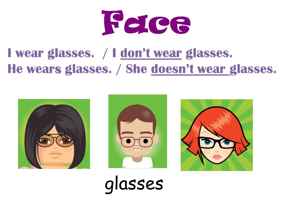 Face glasses I wear glasses. / I don’t wear glasses.