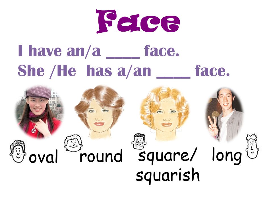 Face I have an/a ____ face. She /He has a/an ____ face.