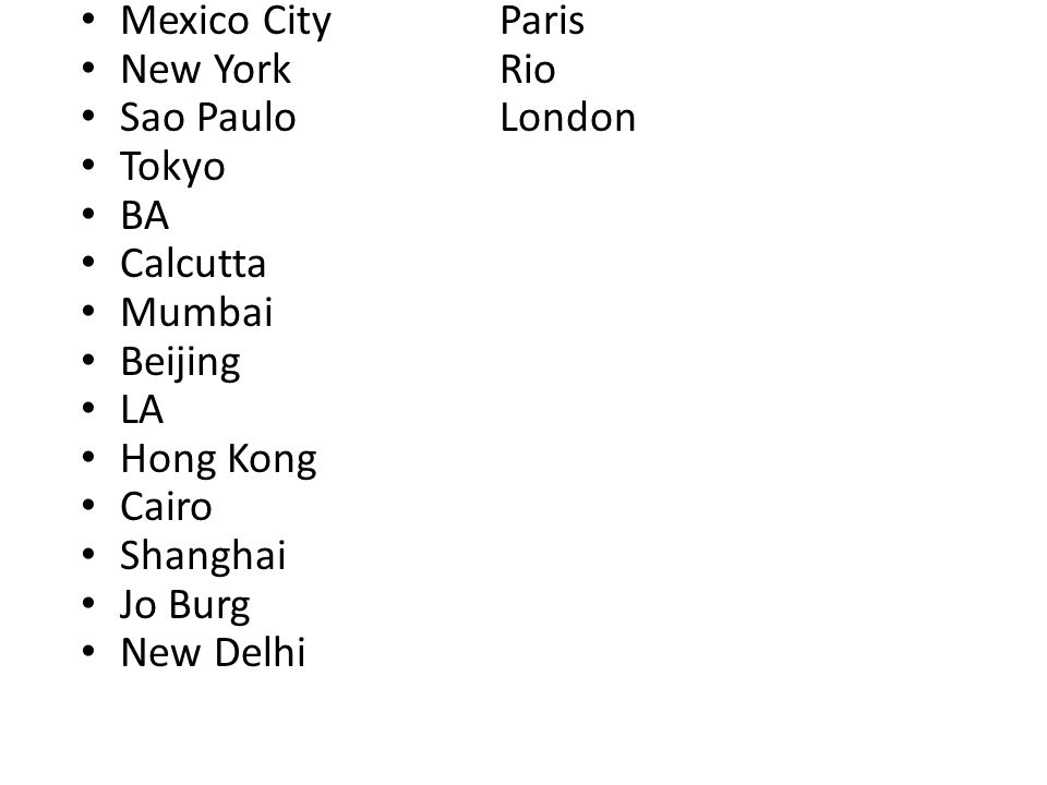 Mexico City Paris New York Rio. Sao Paulo London. Tokyo. BA. Calcutta. Mumbai. Beijing. LA.