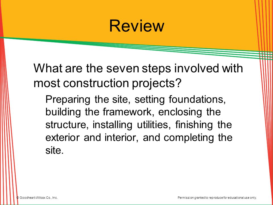 Review What are the seven steps involved with most construction projects