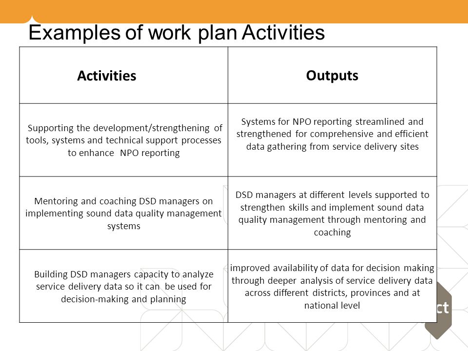 Examples of work plan Activities