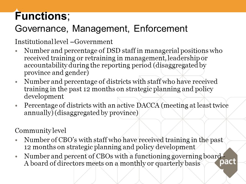 Functions; Governance, Management, Enforcement