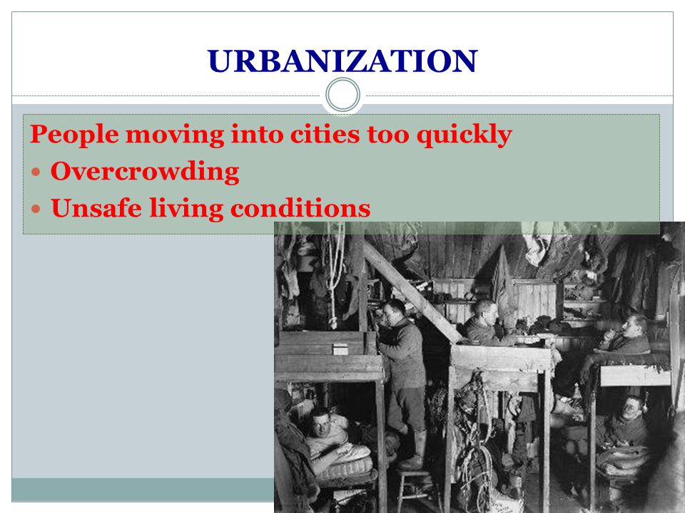 URBANIZATION People moving into cities too quickly Overcrowding