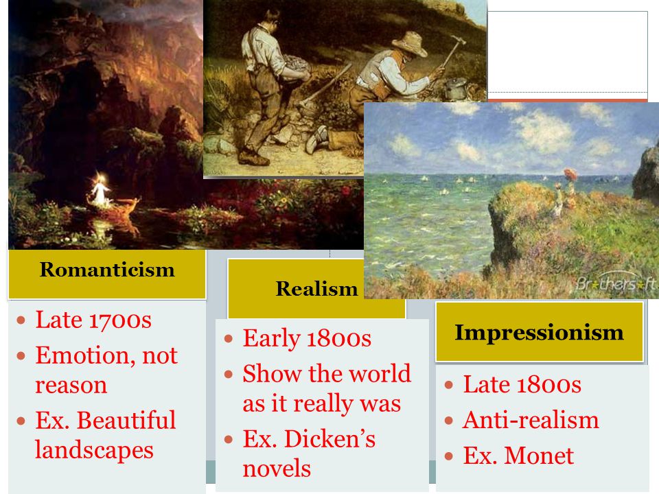 The Arts Late 1700s Emotion, not reason Early 1800s