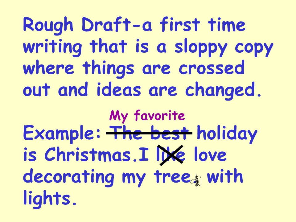Rough Draft-a first time writing that is a sloppy copy where things are crossed out and ideas are changed. Example: The best holiday is Christmas.I like love decorating my tree. with lights.