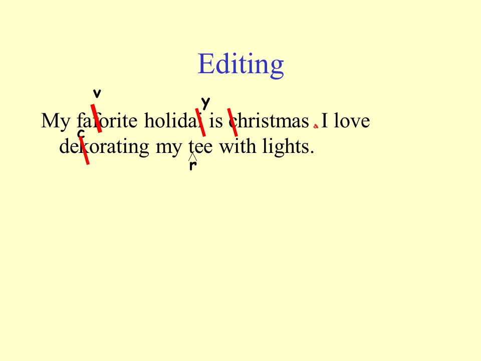 Editing v y My faforite holidai is christmas I love dekorating my tee with lights. c r