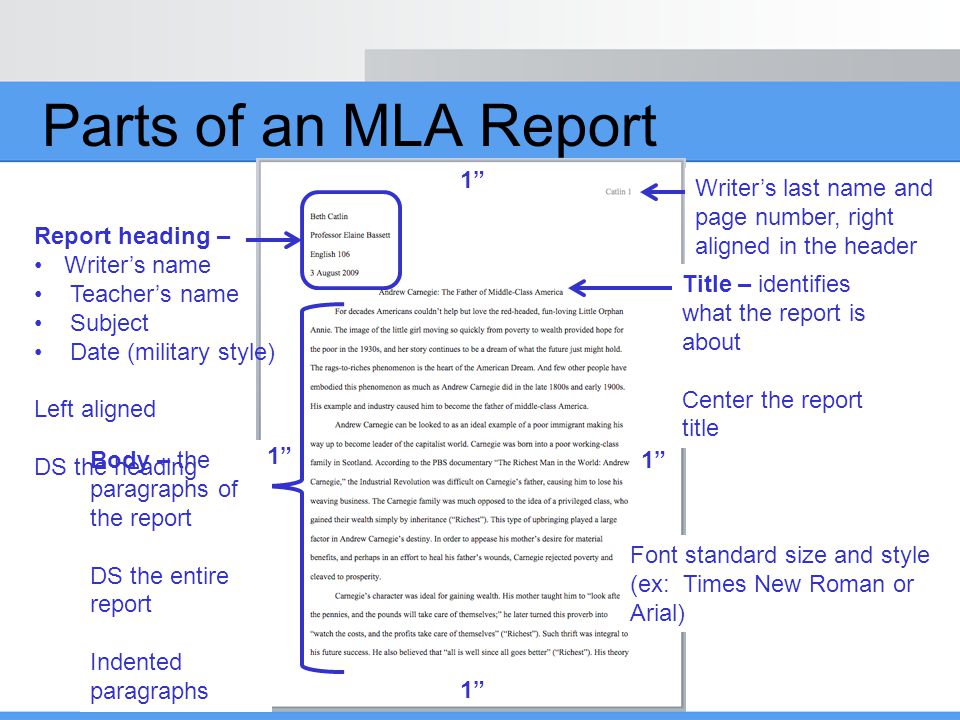 Parts of an MLA Report 1 Writer’s last name and page number, right aligned in the header. Report heading –