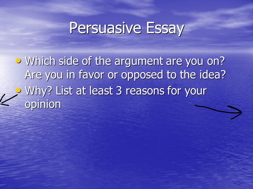 Persuasive Essay Which side of the argument are you on.