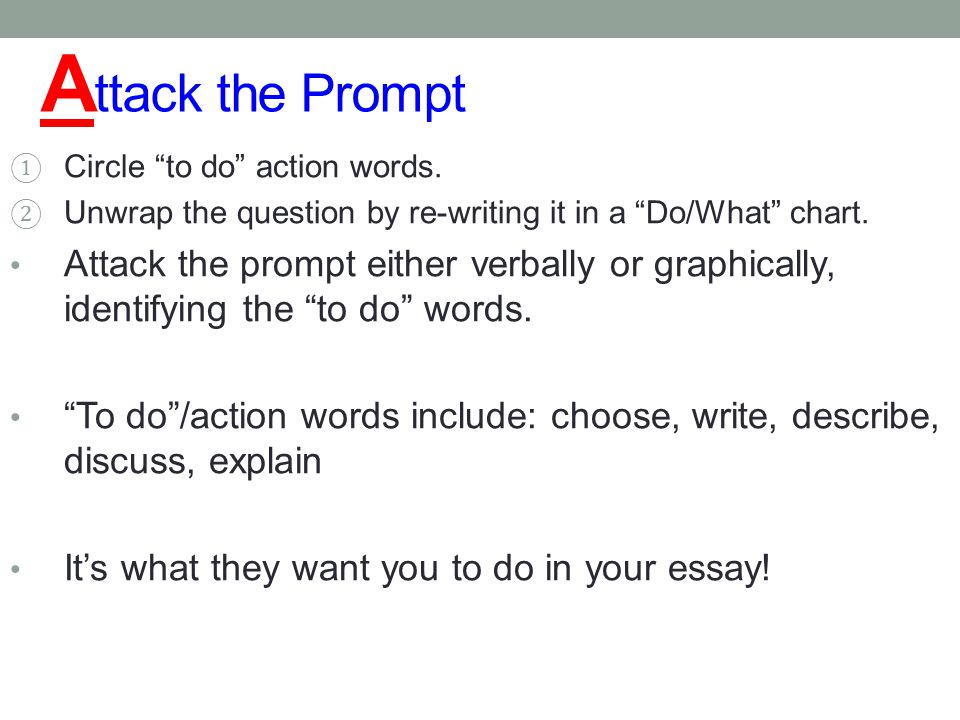Attack the Prompt Circle to do action words. Unwrap the question by re-writing it in a Do/What chart.