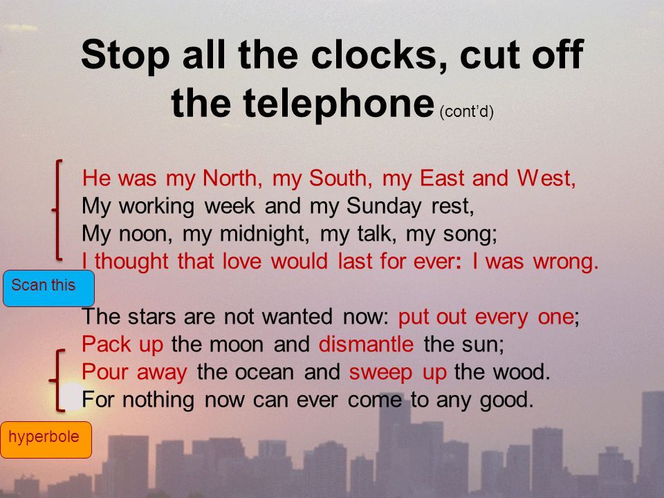 Stop all the clocks, cut off the telephone (cont’d)