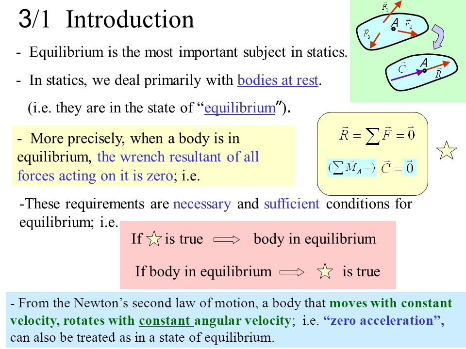 3/1 Introduction A. - Equilibrium is the most important subject in statics. In statics, we deal primarily with bodies at rest.
