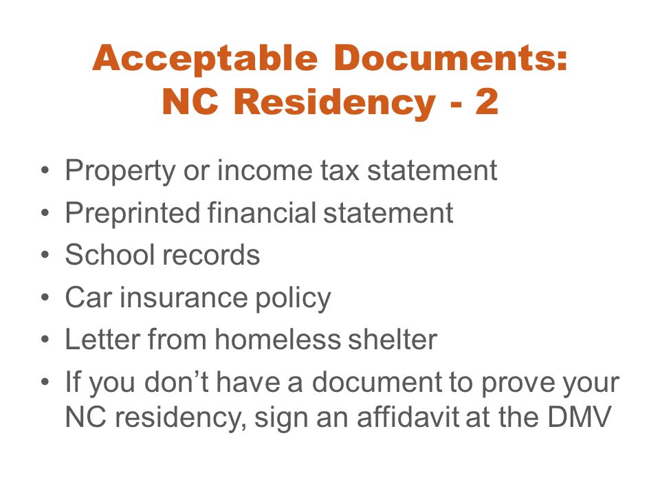 Acceptable Documents: NC Residency - 2
