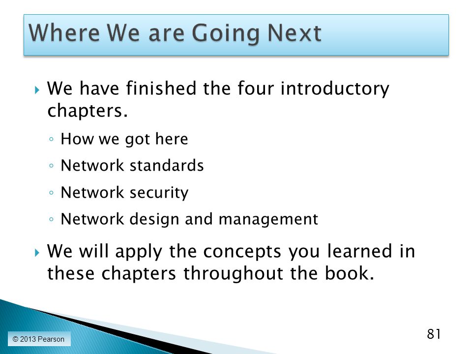 Where We are Going Next We have finished the four introductory chapters. How we got here. Network standards.
