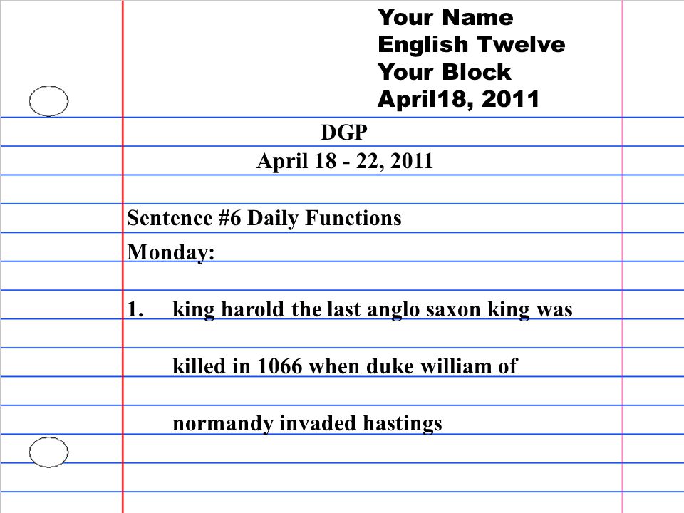 Your Name English Twelve. Your Block. April18, DGP. April , Sentence #6 Daily Functions.
