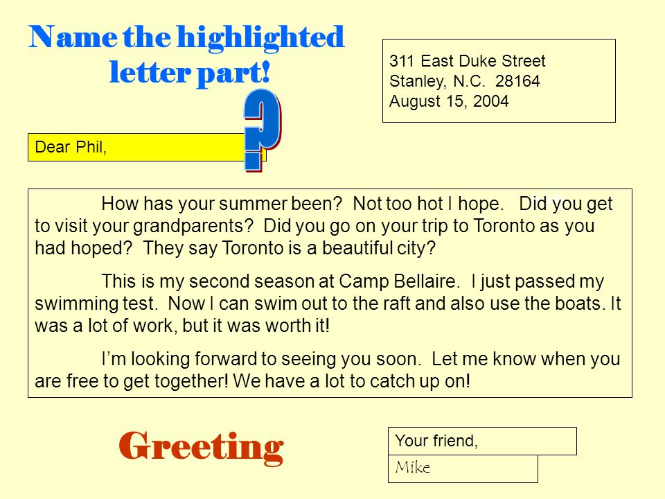 Greeting Name the highlighted letter part!