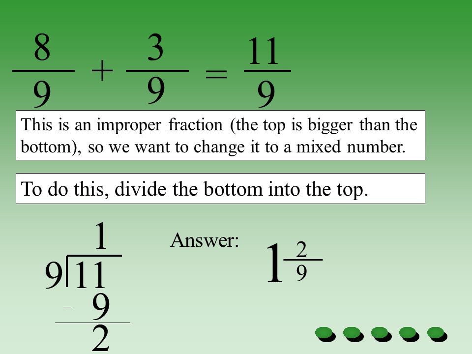 = This is an improper fraction (the top is bigger than the bottom), so we want to change it to a mixed number.