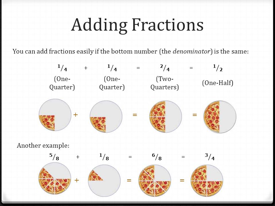 Adding Fractions You can add fractions easily if the bottom number (the denominator) is the same: 1/4.