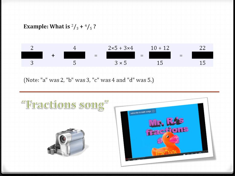 Fractions song Example: What is 2/3 + 4/ = 2×5 + 3×4 =