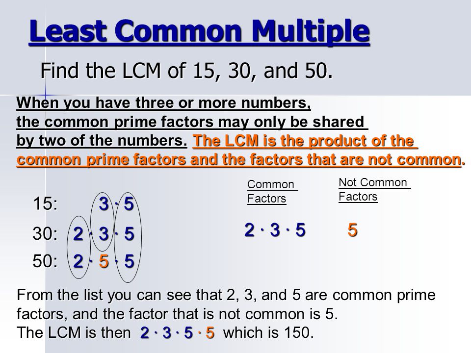 Least Common Multiple Find the LCM of 15, 30, and : 3 · 5 5
