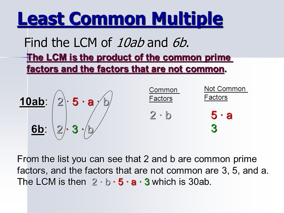 Least Common Multiple Find the LCM of 10ab and 6b. 10ab: 2 · 5 · a · b