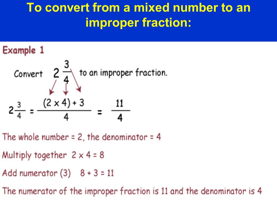 To convert from a mixed number to an improper fraction: