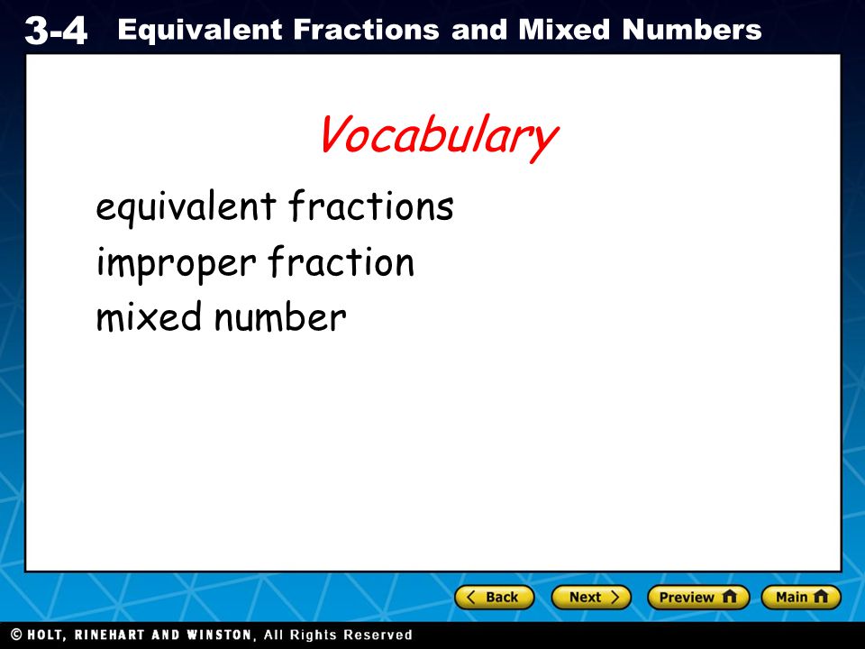 Vocabulary equivalent fractions improper fraction mixed number